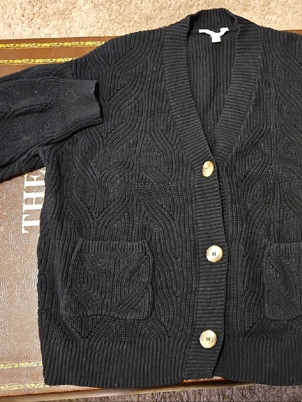 Terra & Sky Black Cable-Knit Button Cardigan